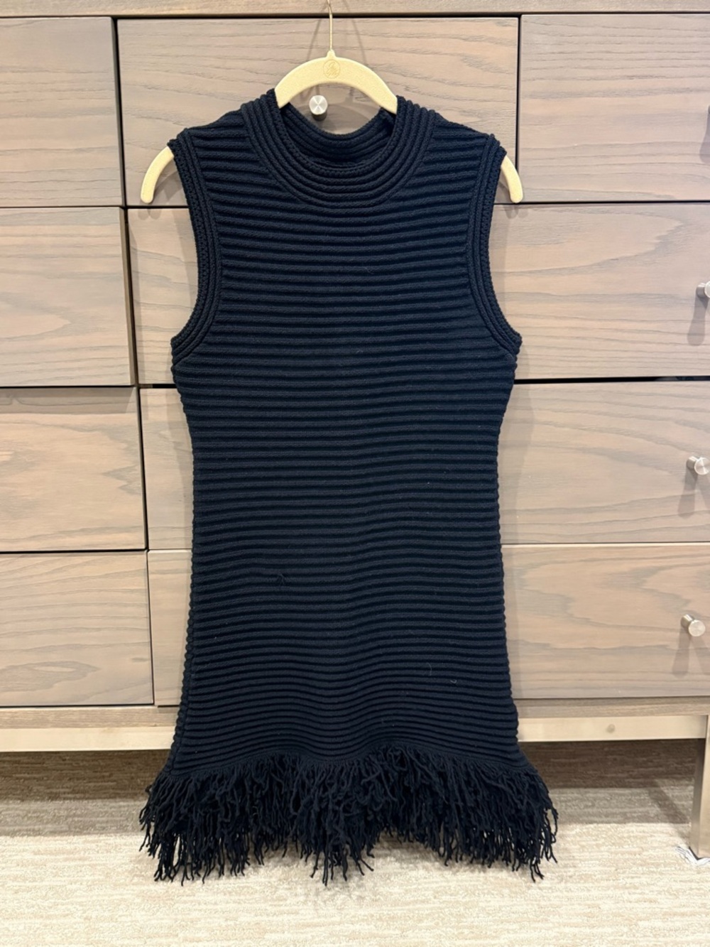 New W Tags Zara Navy Checkerboard Knit Sleeveless Dress w Fringe Hem Sz Med